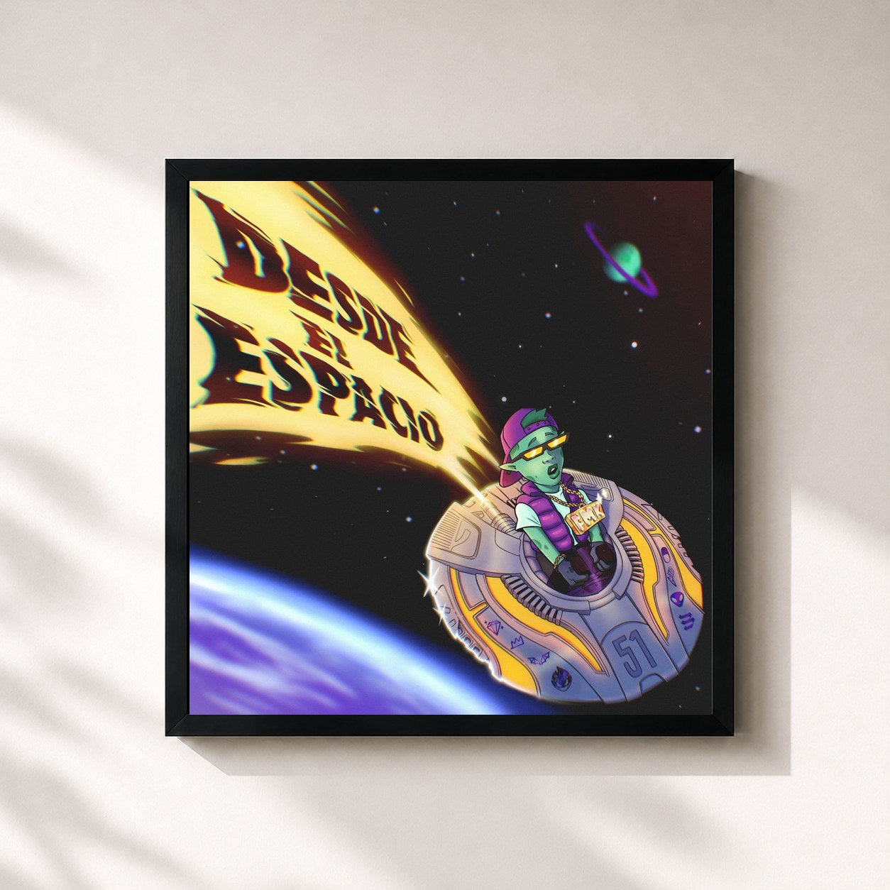 #noir Tableau carré de l'album Desde el Espacio de FMK, cadre noir 32x32 cm