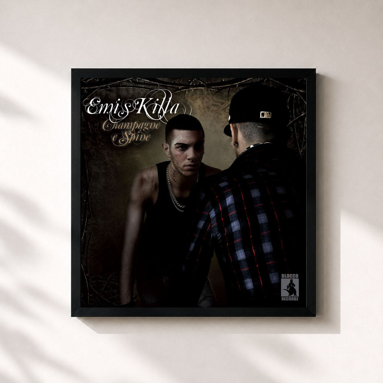 #noir Tableau carré de l'album Champagne e spine de Emis Killa, cadre noir 32x32 cm