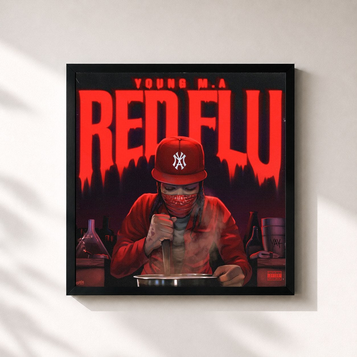 #noir Tableau carré de l'album Red Flu de Young M.A, cadre noir 32x32 cm