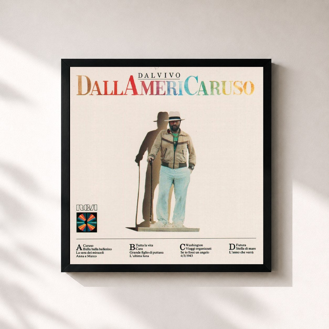 #noir Tableau carré de l'album Dallamericaruso de Lucio Dalla, cadre noir 32x32 cm