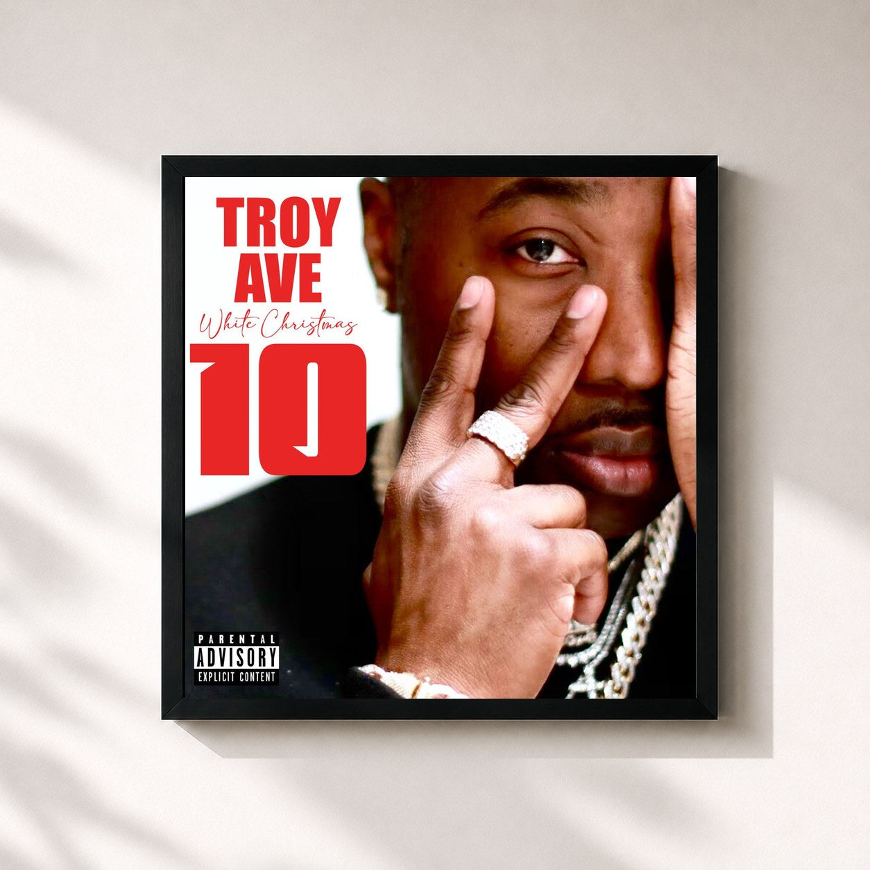 #noir Tableau carré de l'album White Christmas 10 de Troy Ave, cadre noir 32x32 cm