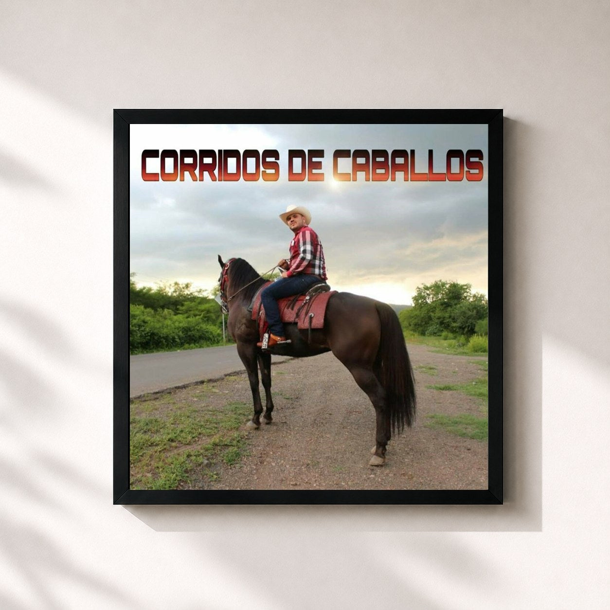 #noir Tableau carré de l'album Corridos De Caballos de El Komander, cadre noir 32x32 cm