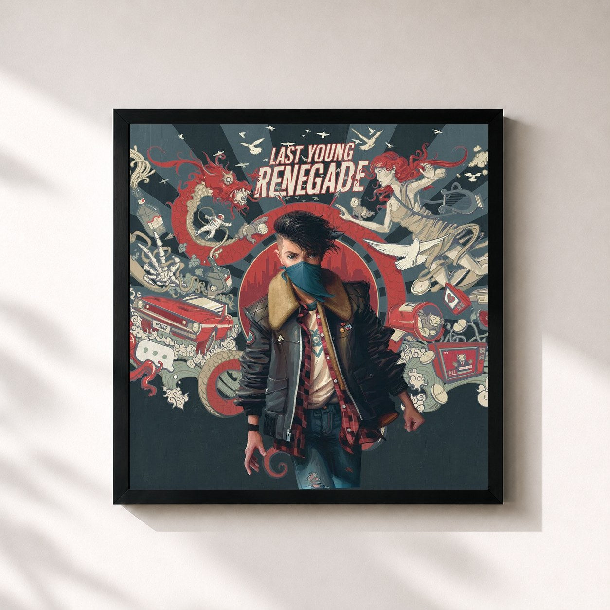 #noir Tableau carré de l'album Last Young Renegade de All Time Low, cadre noir 32x32 cm