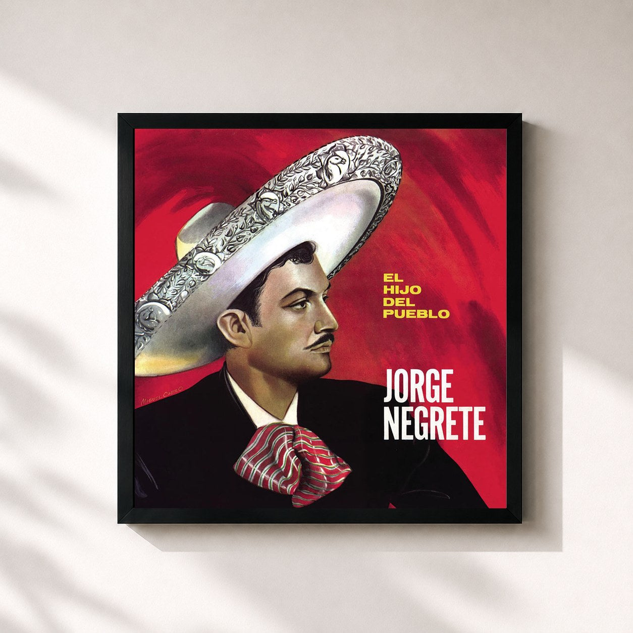 #noir Tableau carré de l'album El Hijo del Pueblo de Jorge Negrete, cadre noir 32x32 cm
