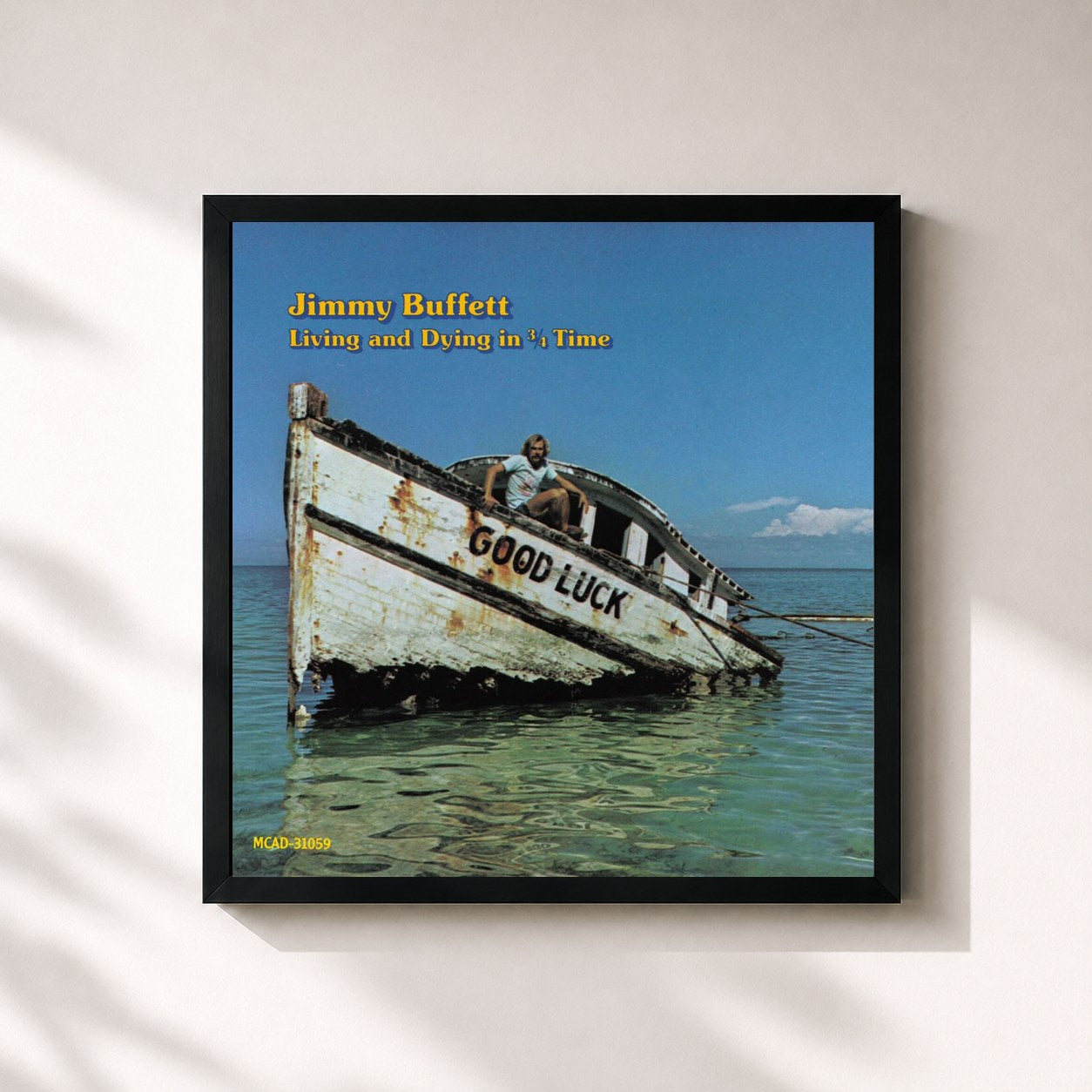#noir Tableau carré de l'album Living And Dying In 3 / 4 Time de Jimmy Buffett, cadre noir 32x32 cm