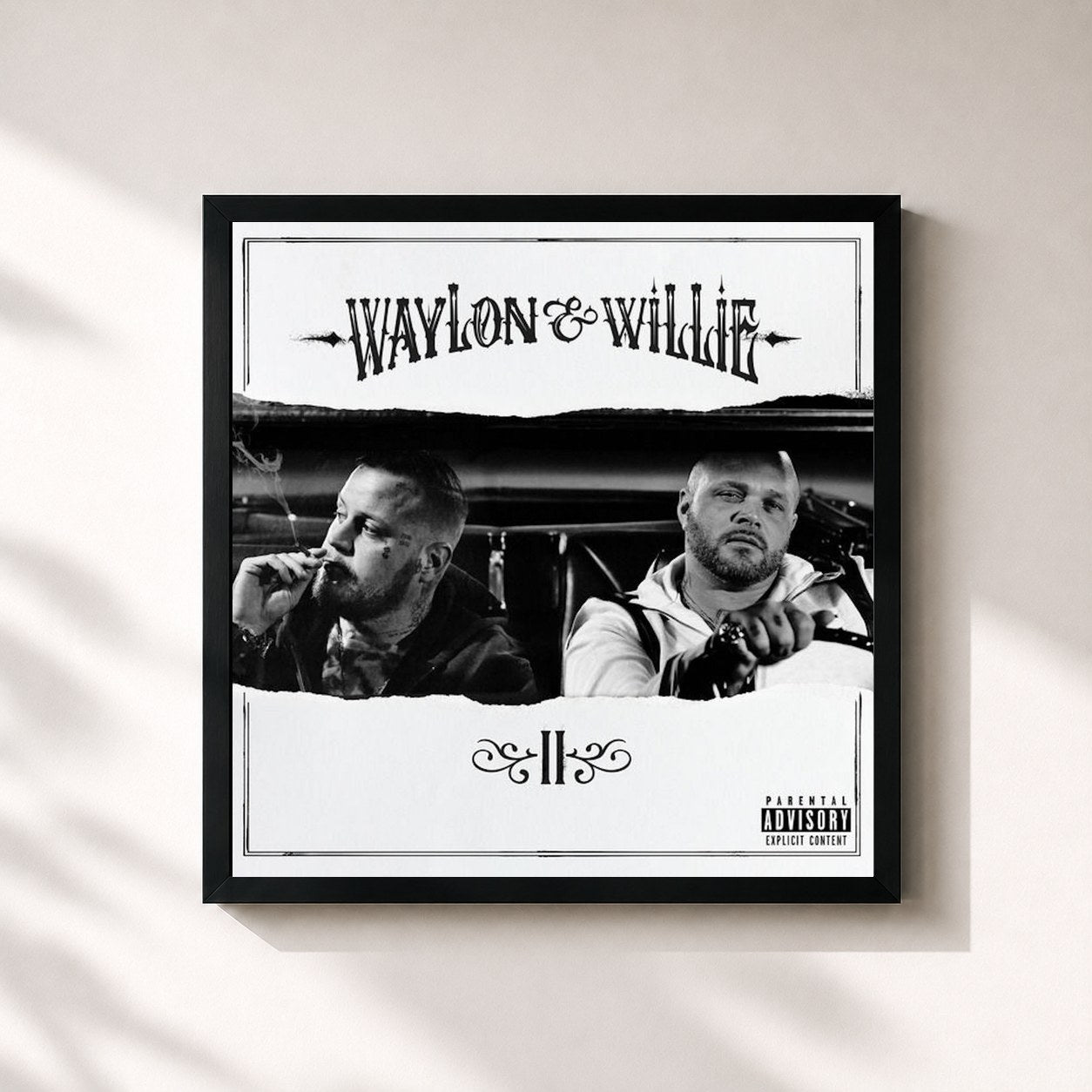 #noir Tableau carré de l'album Waylon & Willie 2 de Jelly Roll, cadre noir 32x32 cm
