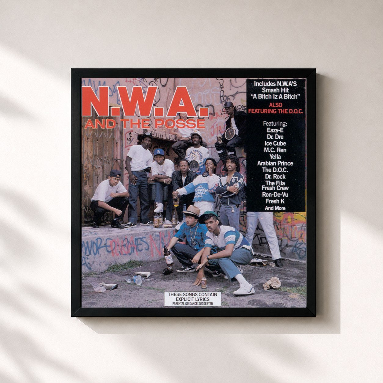 #noir Tableau carré de l'album N.W.A. And The Posse de N.W.A, cadre noir 32x32 cm