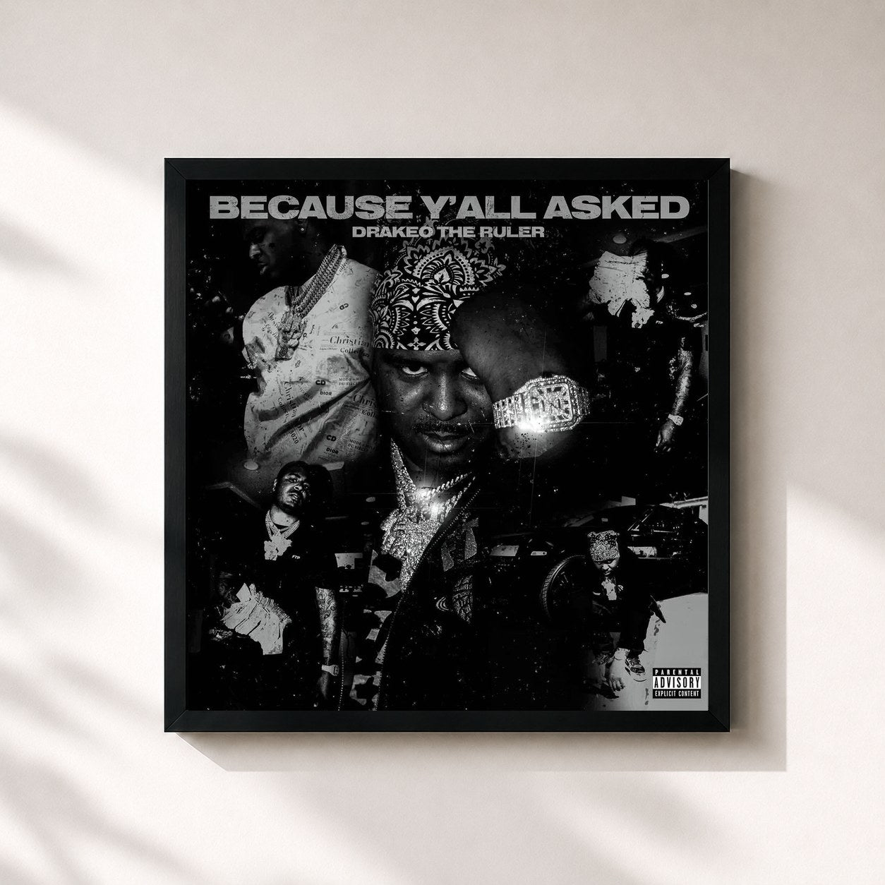 #noir Tableau carré de l'album Because Yall Asked de Drakeo the Ruler, cadre noir 32x32 cm