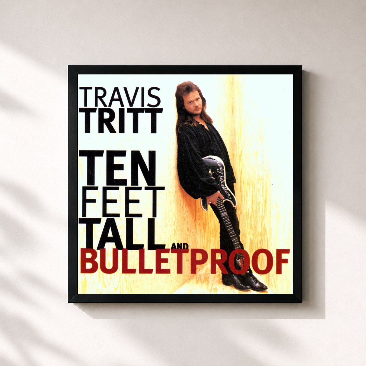 #noir Tableau carré de l'album Ten Feet Tall and Bulletproof de Travis Tritt, cadre noir 32x32 cm