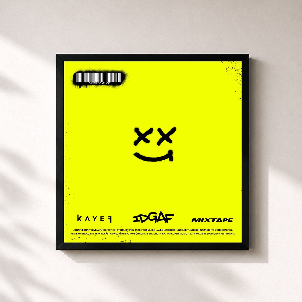 #noir Tableau carré de l'album IDGAF Mixtape de KAYEF, cadre noir 32x32 cm