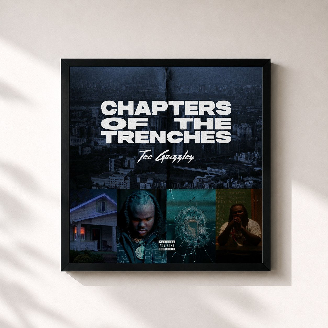 #noir Tableau carré de l'album Chapters Of The Trenches de Tee Grizzley, cadre noir 32x32 cm