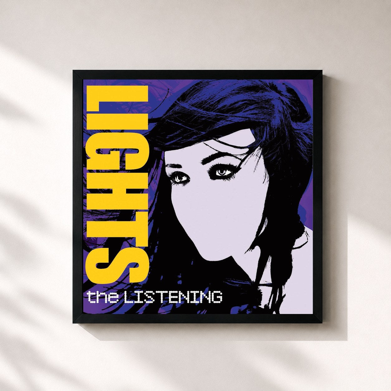 #noir Tableau carré de l'album The Listening de LIGHTS, cadre noir 32x32 cm