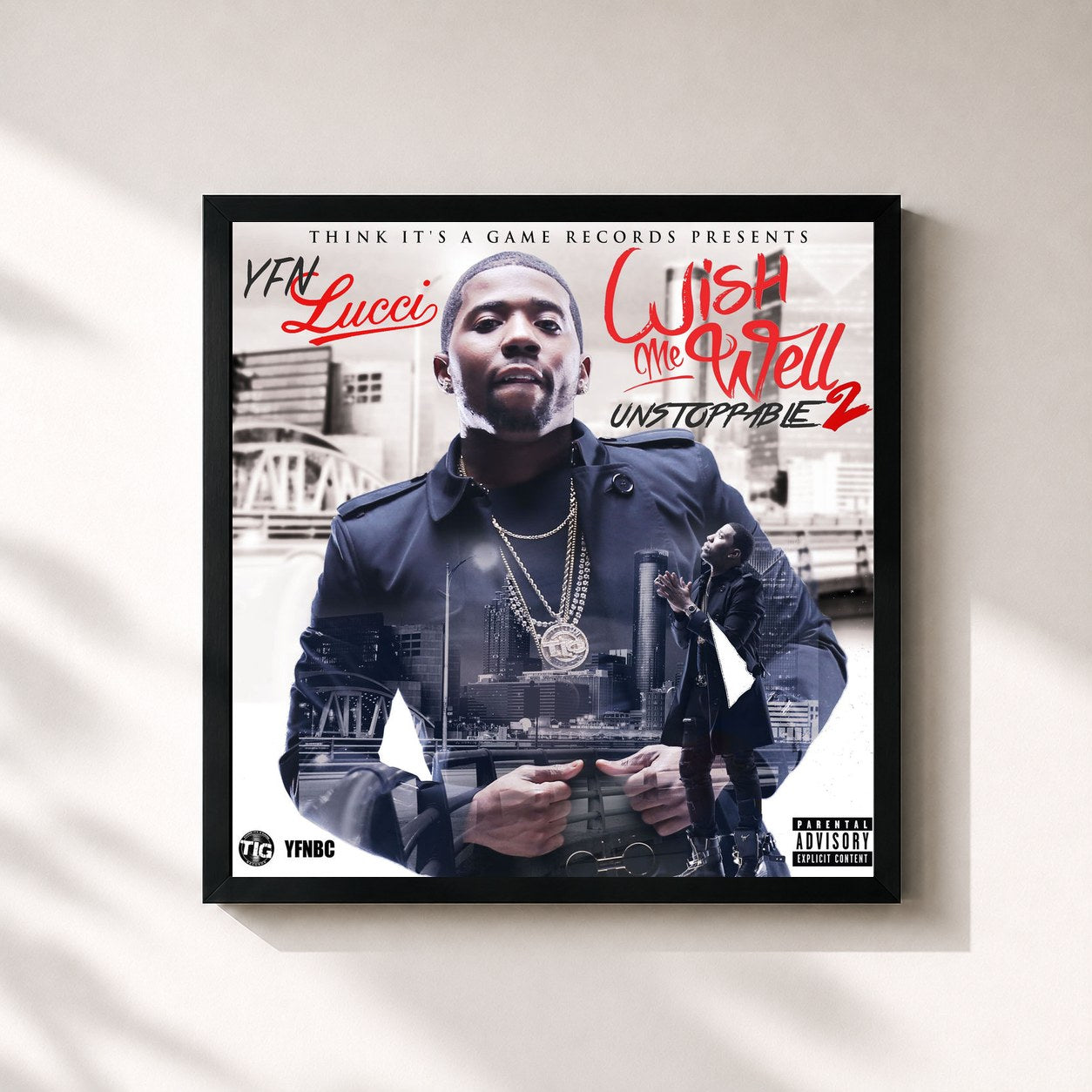 #noir Tableau carré de l'album Wish Me Well 2 de YFN Lucci, cadre noir 32x32 cm