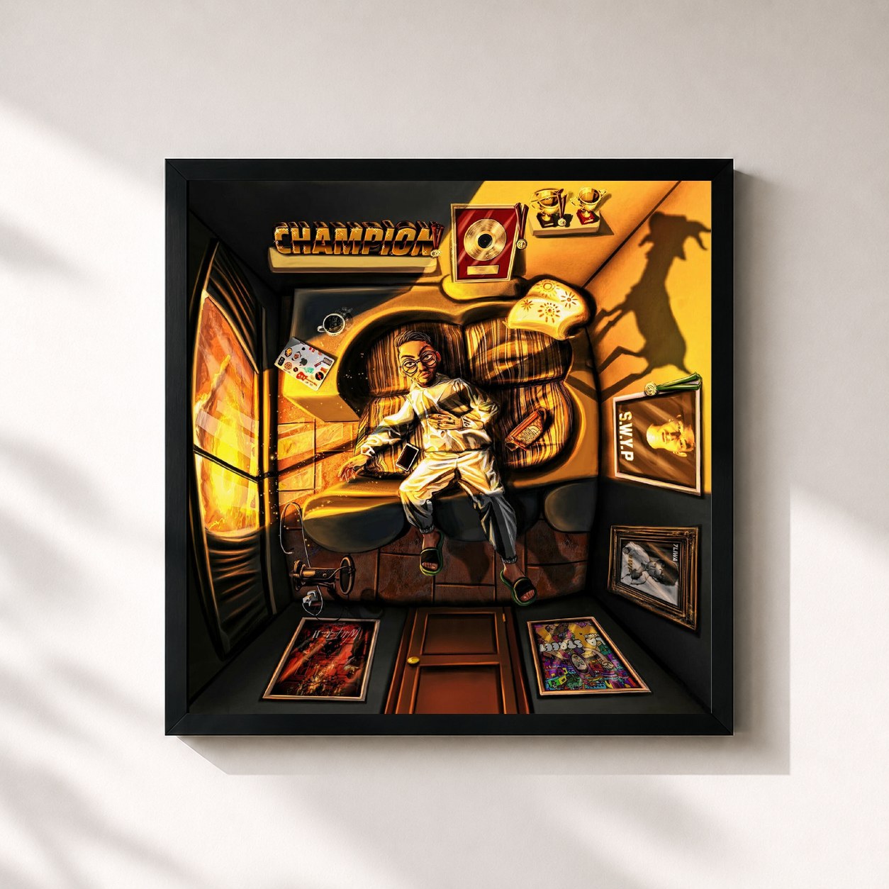 #noir Tableau carré de l'album Champion de 7liwa, cadre noir 32x32 cm