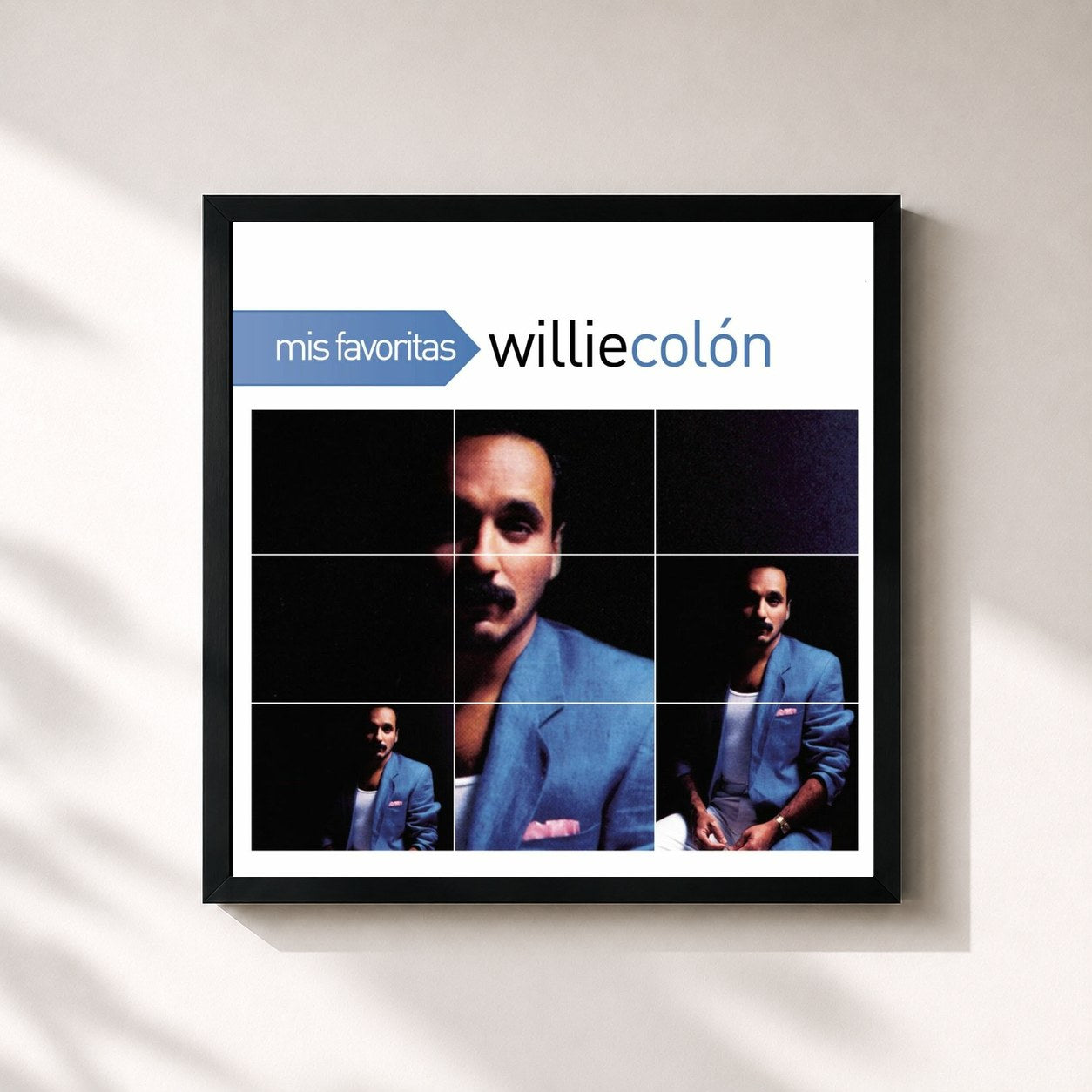 #noir Tableau carré de l'album Mis Favoritas de Willie Colón, cadre noir 32x32 cm