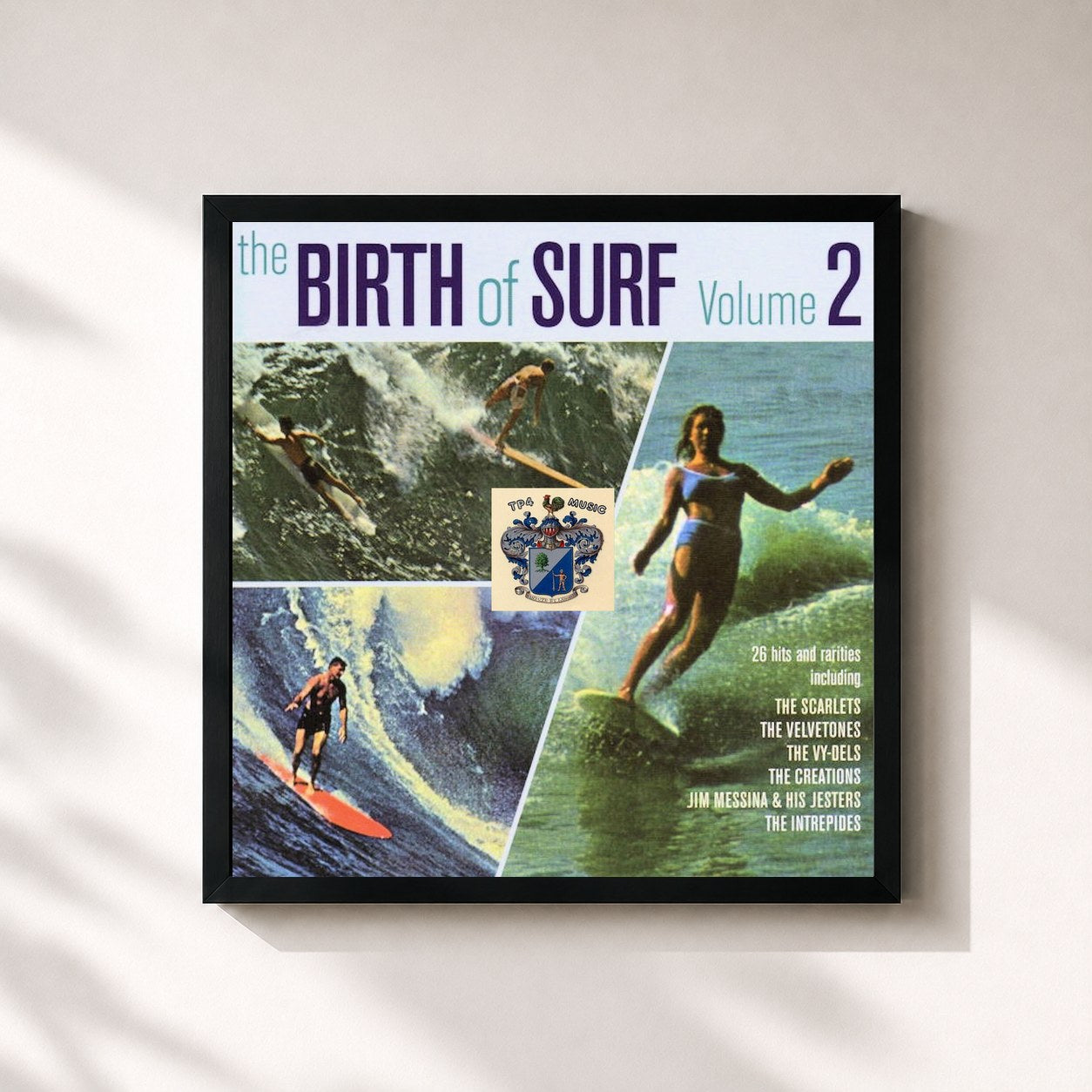 #noir Tableau carré de l'album The Birth of Surf Vol. 1 de The Ventures, cadre noir 32x32 cm