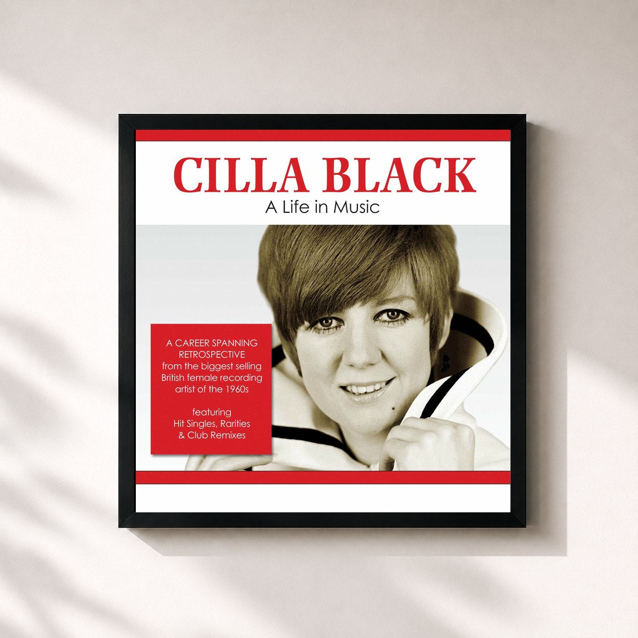 #noir Tableau carré de l'album A Life in Music de Cilla Black, cadre noir 32x32 cm