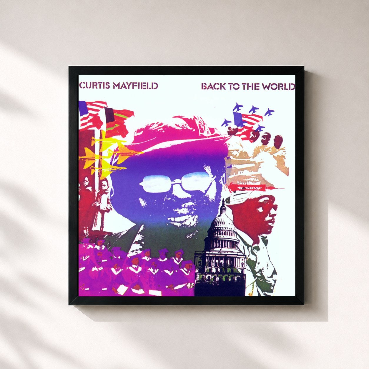 #noir Tableau carré de l'album Back to the World de Curtis Mayfield, cadre noir 32x32 cm