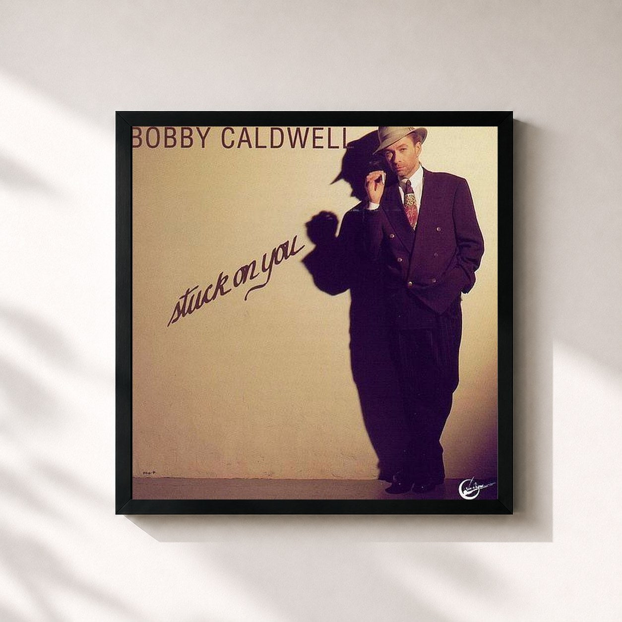 #noir Tableau carré de l'album Stuck on You de Bobby Caldwell, cadre noir 32x32 cm