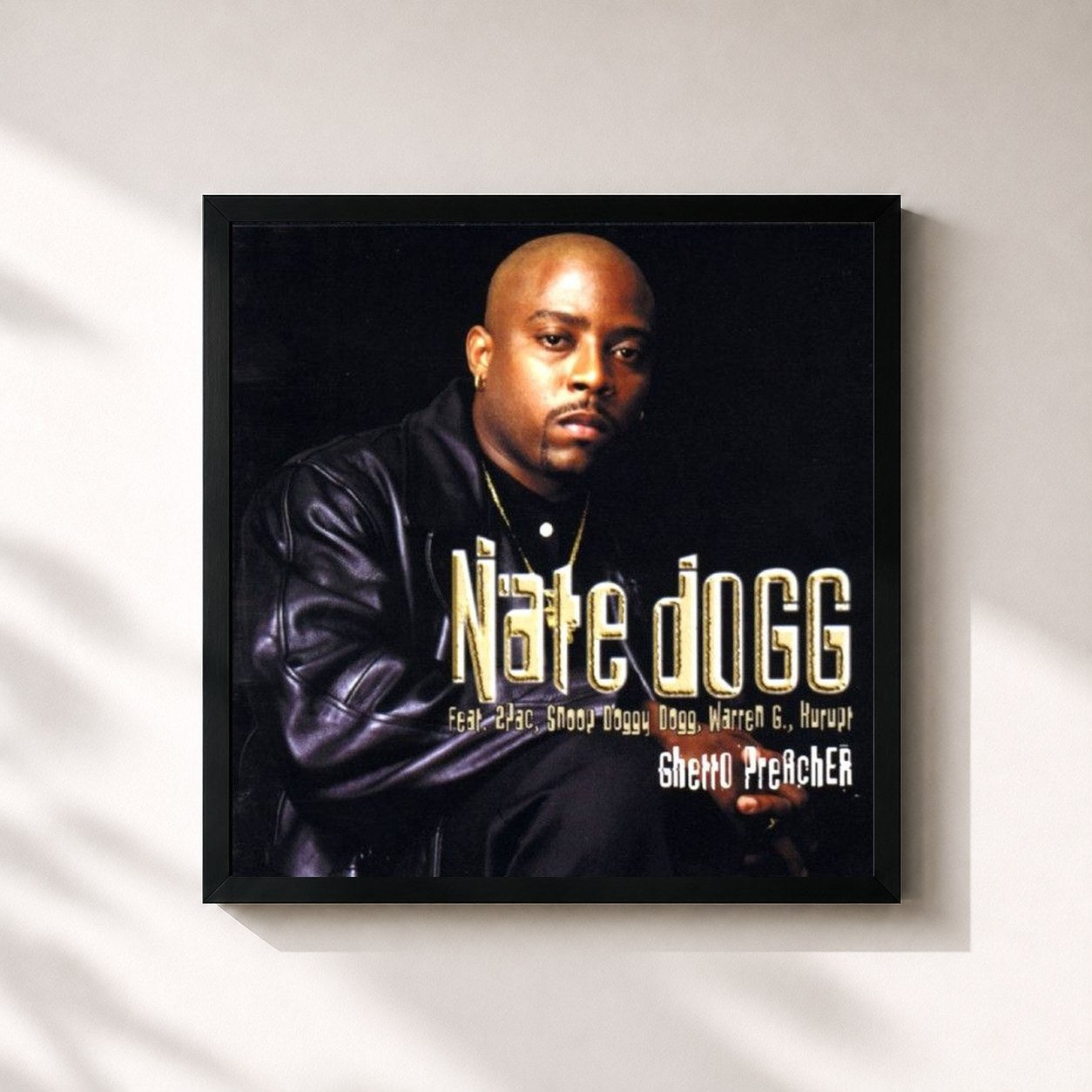 #noir Tableau carré de l'album Ghetto Preacher de Nate Dogg, cadre noir 32x32 cm