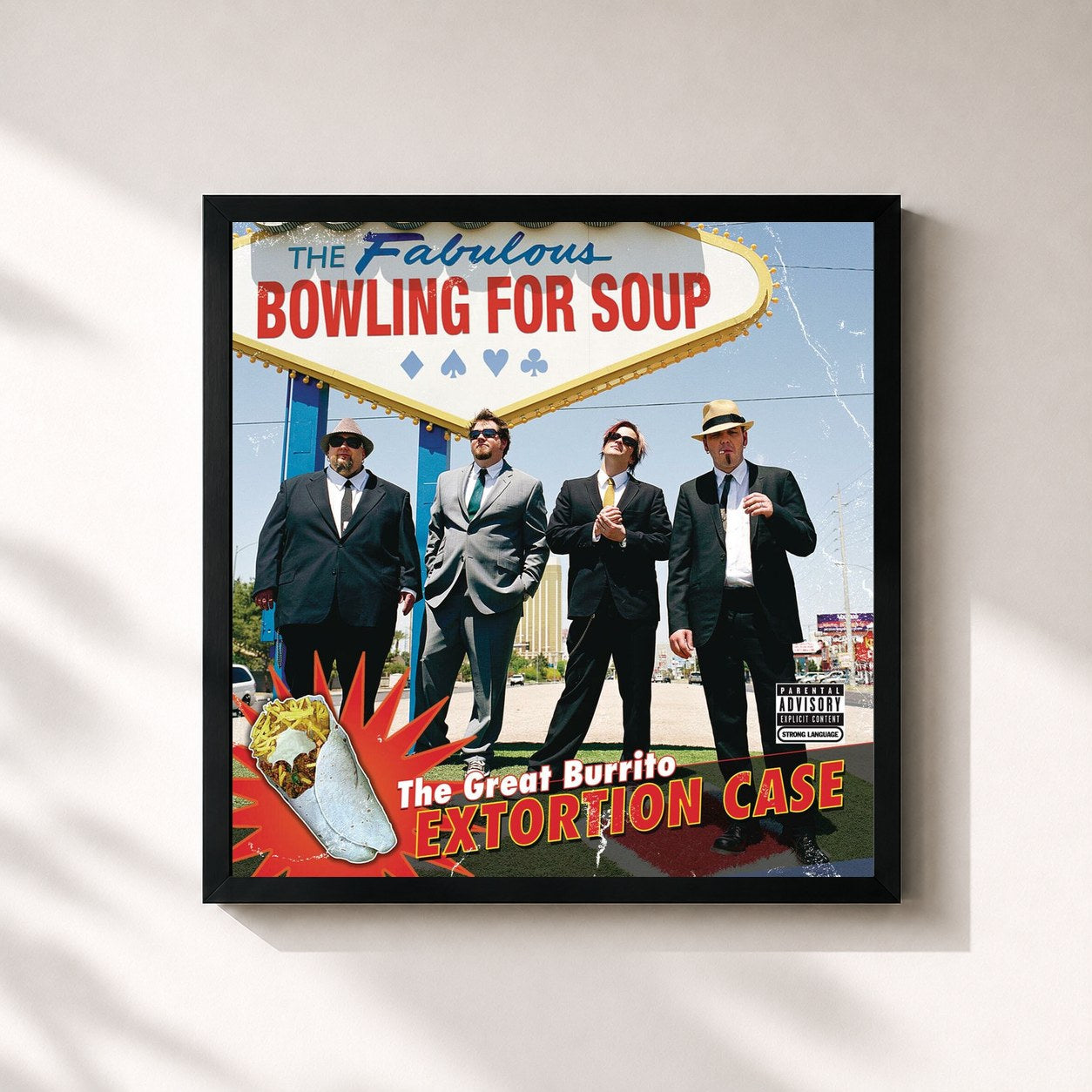 #noir Tableau carré de l'album The Great Burrito Extortion Case de Bowling for Soup, cadre noir 32x32 cm