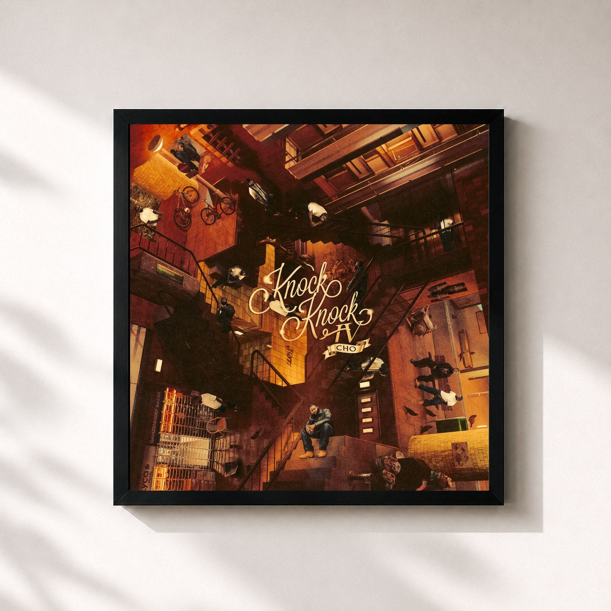 #noir Tableau carré de l'album Knock Knock 4 de CHO, cadre noir 32x32 cm