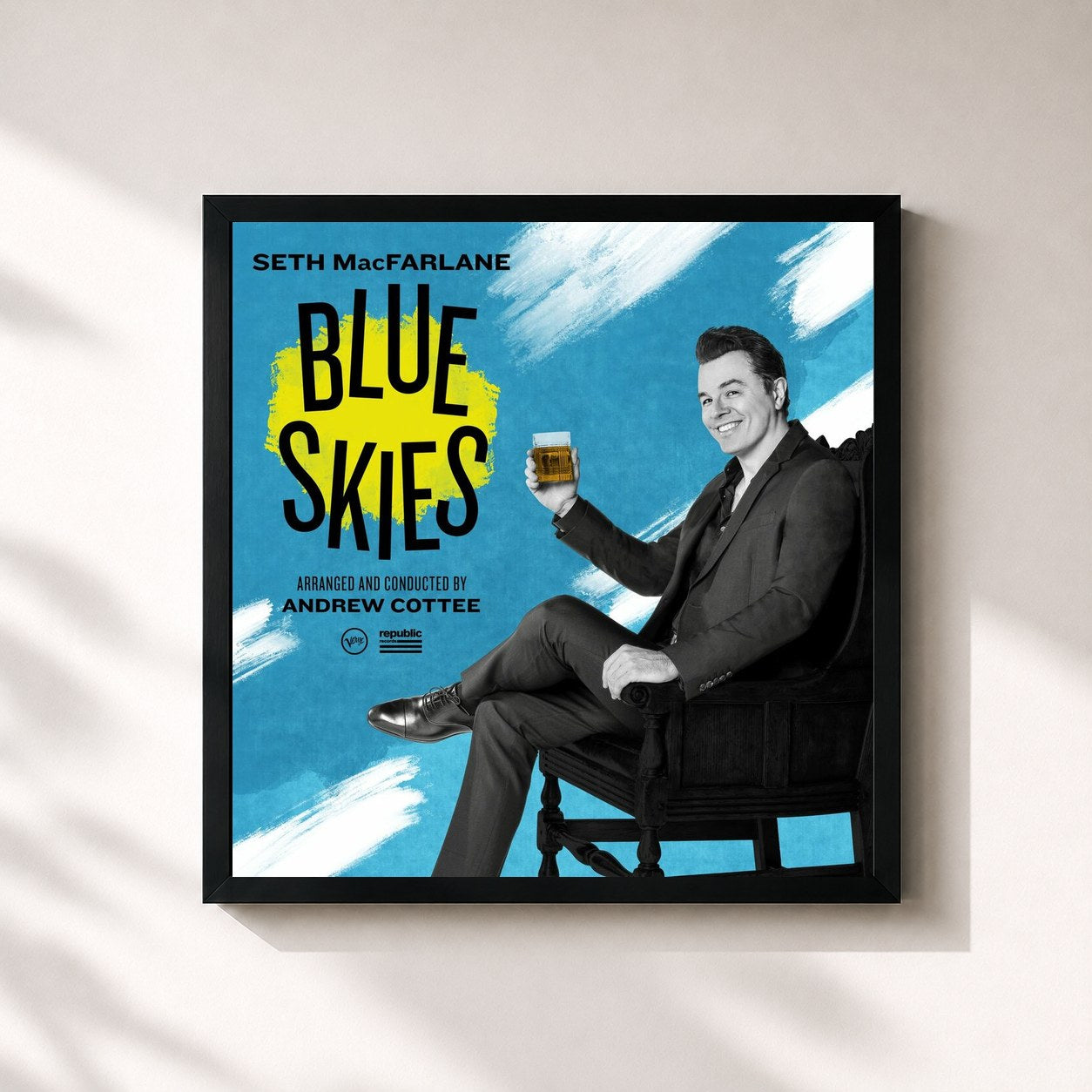 #noir Tableau carré de l'album Blue Skies de Seth MacFarlane, cadre noir 32x32 cm