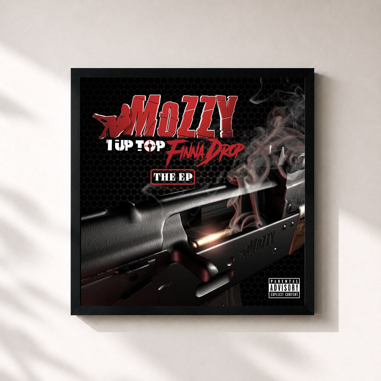 #noir Tableau carré de l'album 1 Up Top Finna Drop de Mozzy, cadre noir 32x32 cm