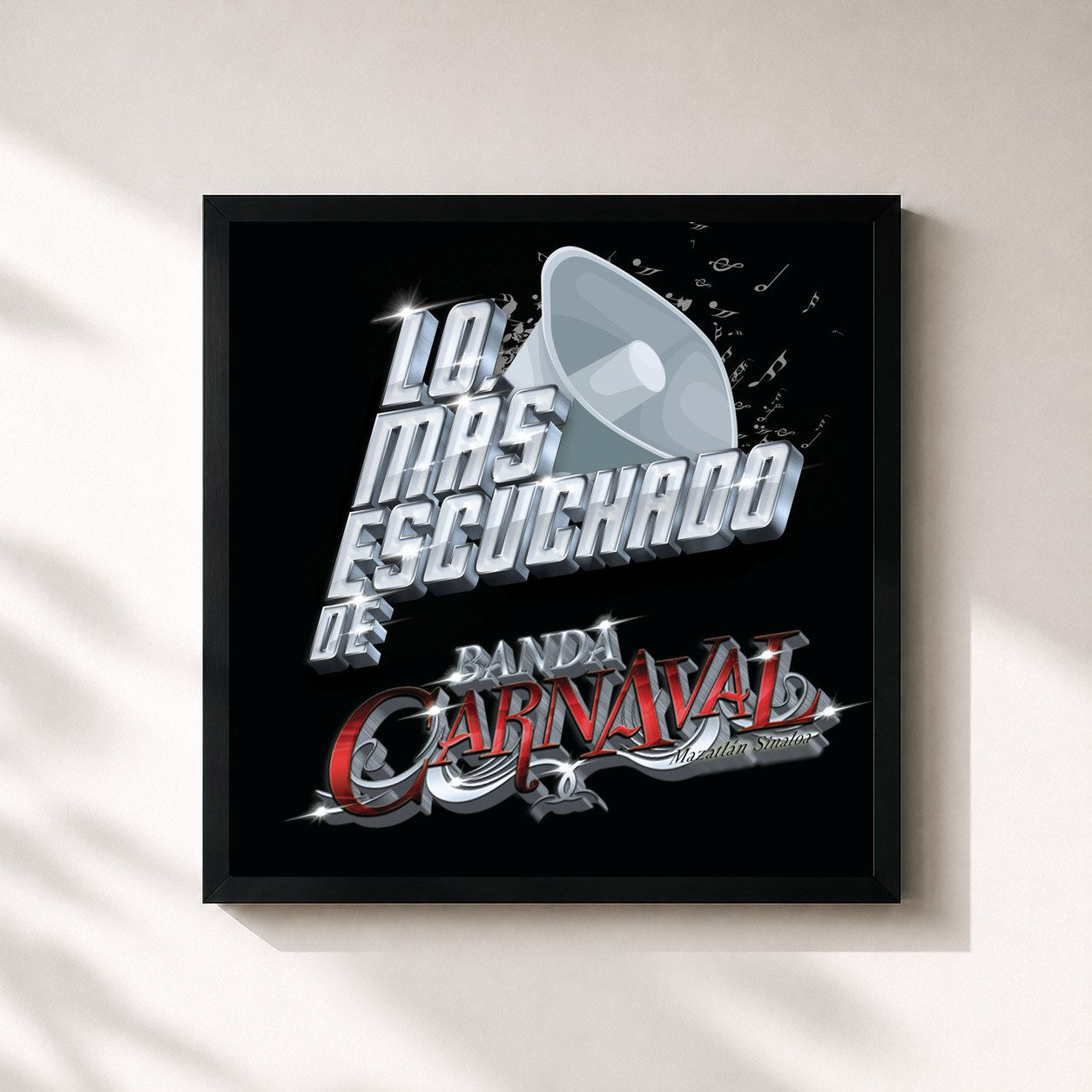 #noir Tableau carré de l'album Lo Más Escuchado De de Banda Carnaval, cadre noir 32x32 cm