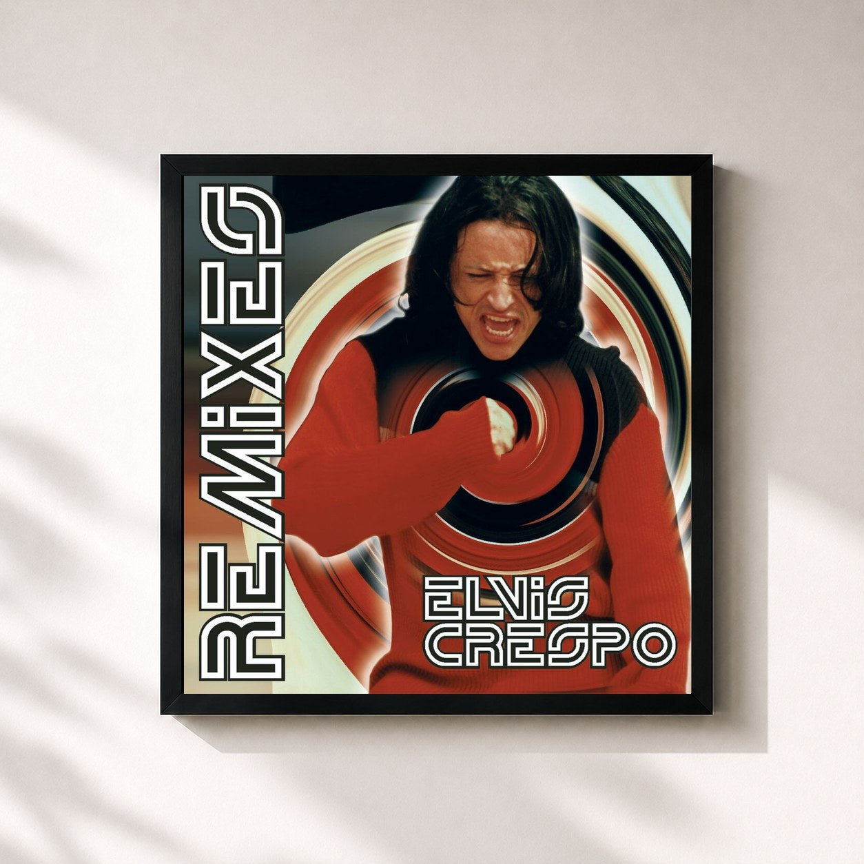 #noir Tableau carré de l'album The Remixes de Elvis Crespo, cadre noir 32x32 cm