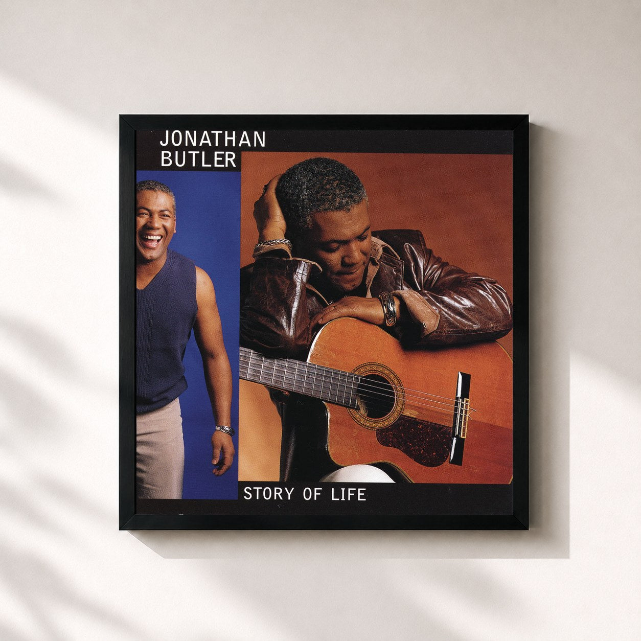 #noir Tableau carré de l'album Story of Life de Jonathan Butler, cadre noir 32x32 cm