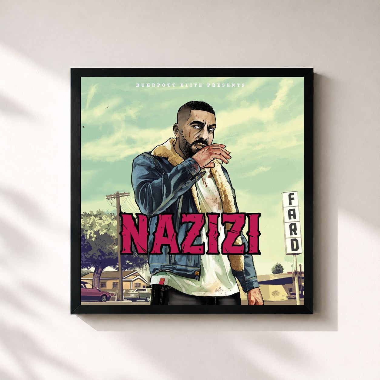 #noir Tableau carré de l'album NAZIZI de Fard, cadre noir 32x32 cm