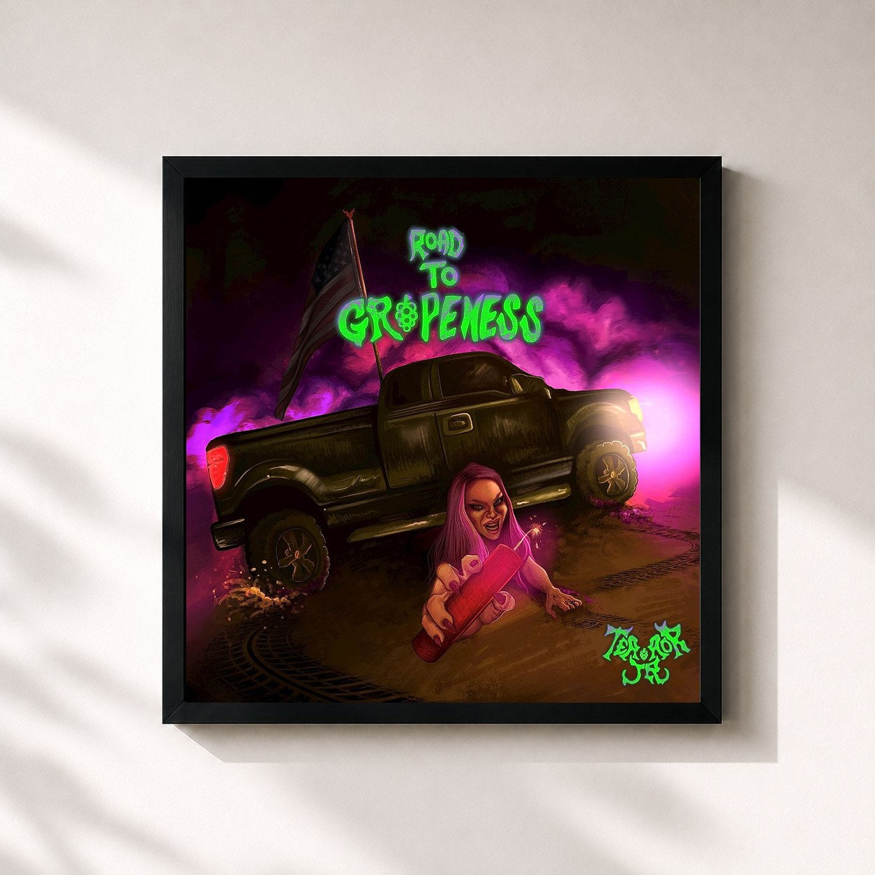 #noir Tableau carré de l'album Road to Grapeness de Terror Jr, cadre noir 32x32 cm
