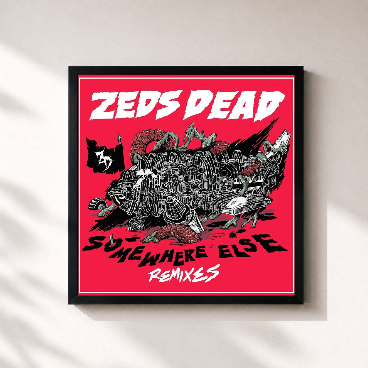 #noir Tableau carré de l'album Somewhere Else (Remixes) de Zeds dead, cadre noir 32x32 cm