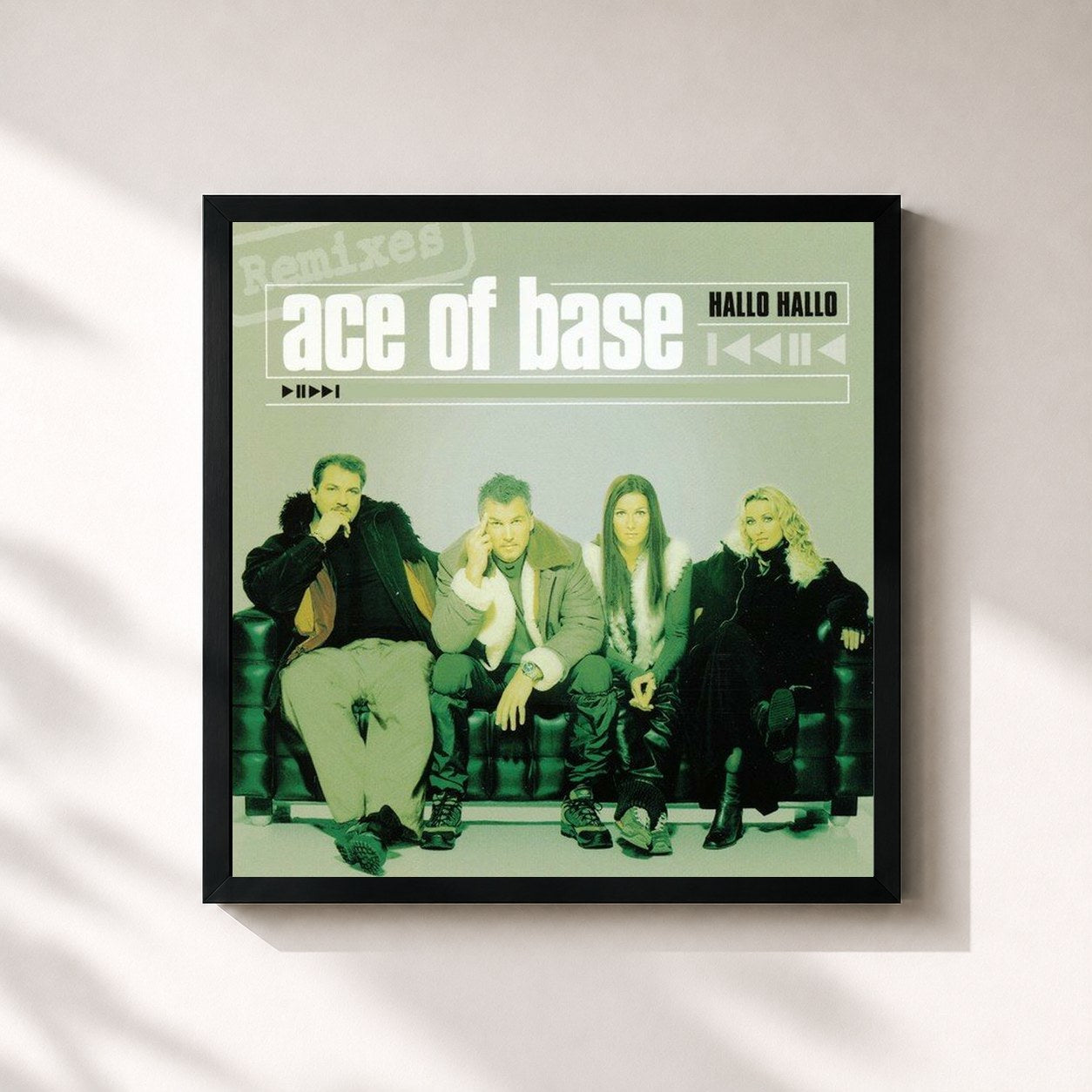 #noir Tableau carré de l'album Hallo Hallo (The Remixes) de Ace of Base, cadre noir 32x32 cm