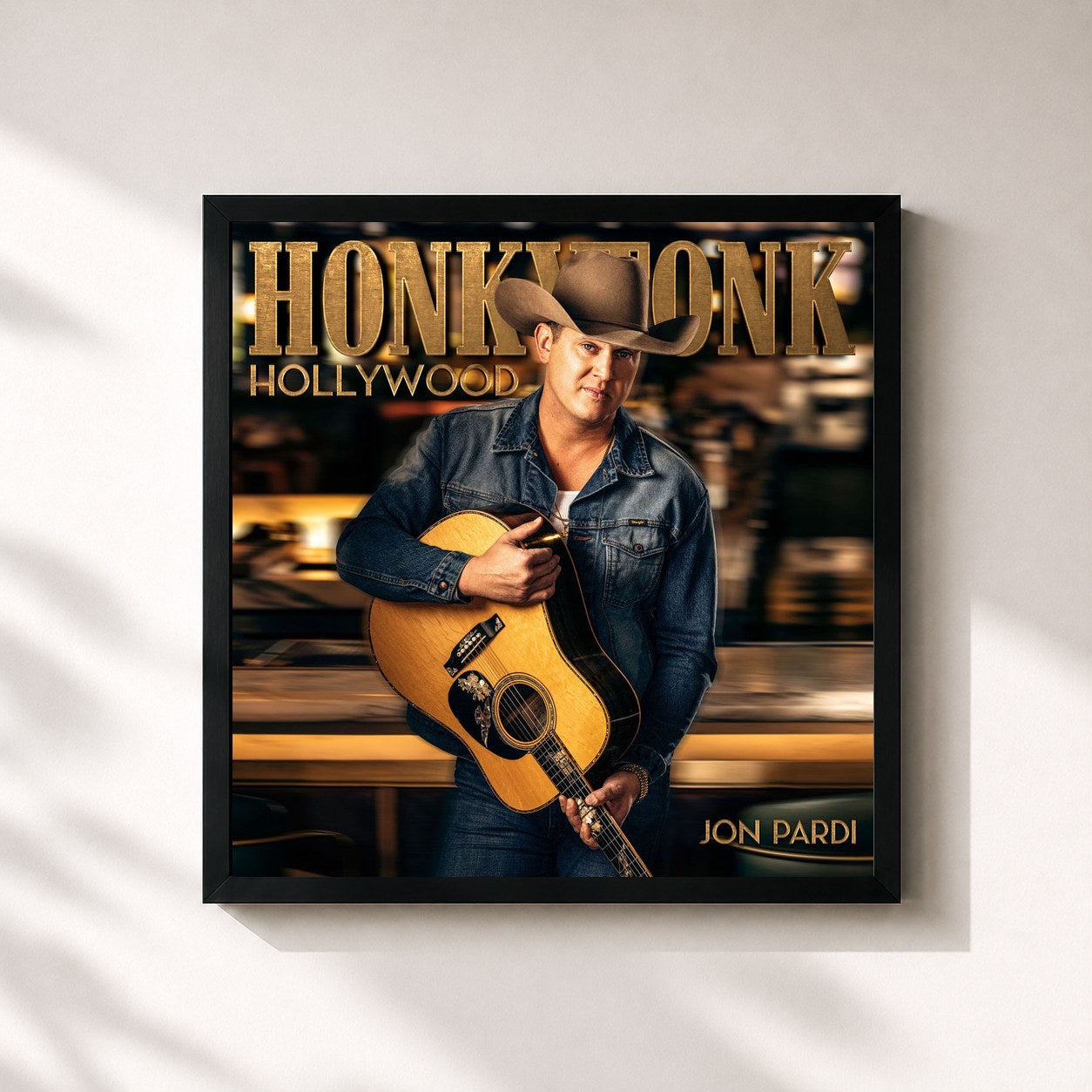 #noir Tableau carré de l'album Honkytonk Hollywood de Jon Pardi, cadre noir 32x32 cm