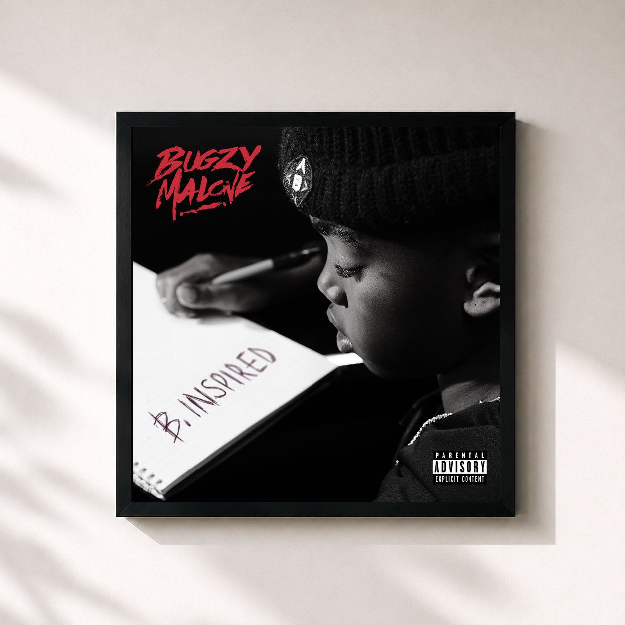 #noir Tableau carré de l'album B. Inspired de Bugzy Malone, cadre noir 32x32 cm