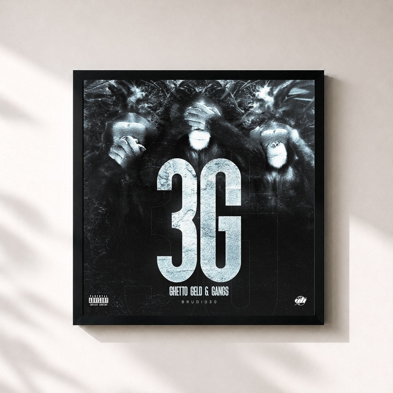 #noir Tableau carré de l'album 3G - Ghetto Geld & Gangs de Brudi030, cadre noir 32x32 cm