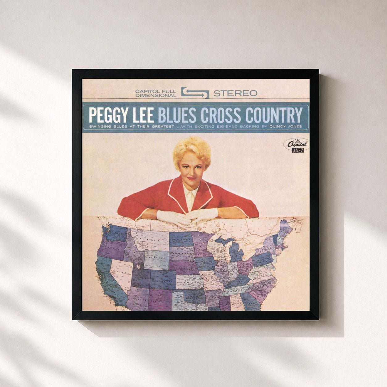 #noir Tableau carré de l'album Blues Cross Country de Peggy Lee, cadre noir 32x32 cm