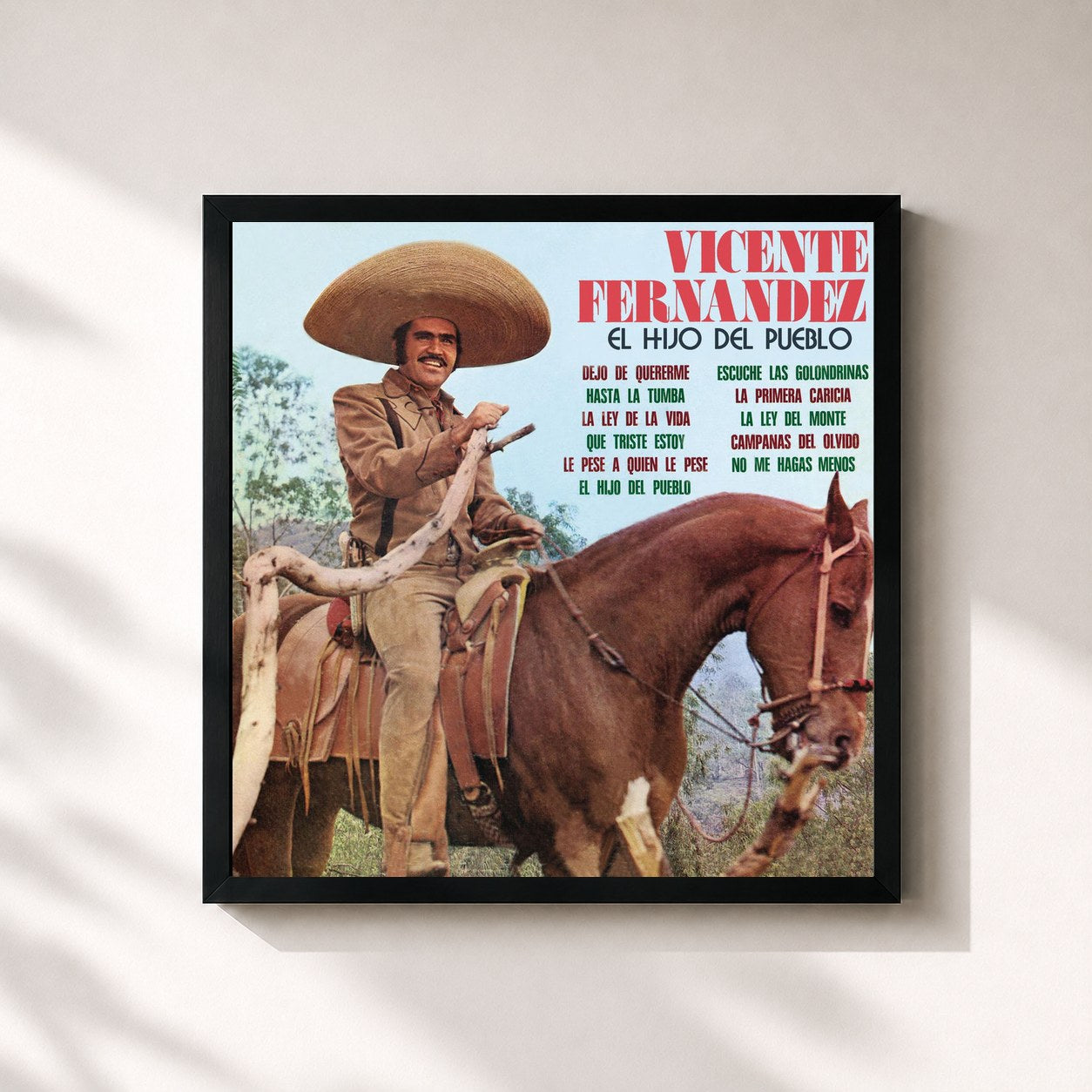 #noir Tableau carré de l'album El Hijo Del Pueblo de Vicente Fernández, cadre noir 32x32 cm