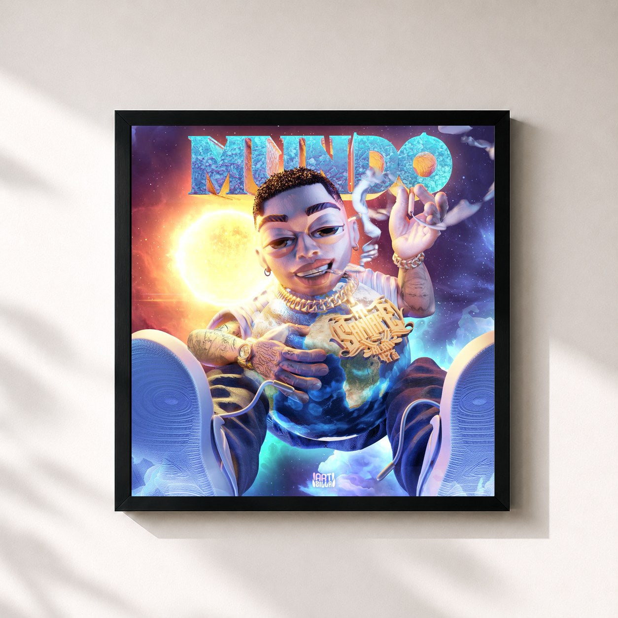 #noir Tableau carré de l'album Mundo de Santa Fe Klan, cadre noir 32x32 cm