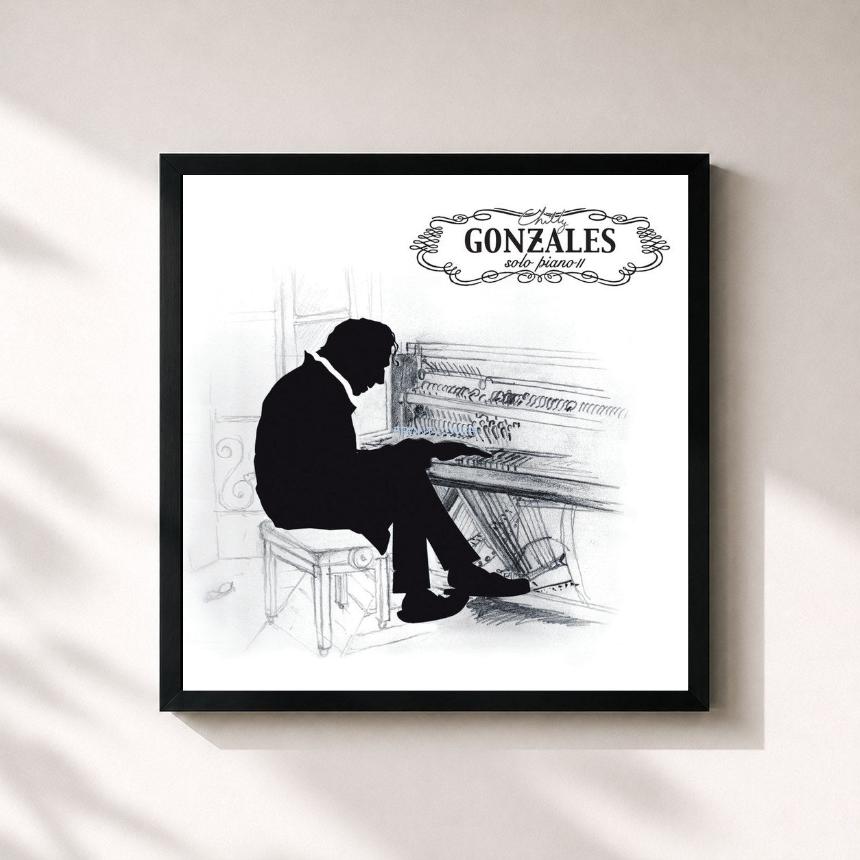 #noir Tableau carré de l'album Solo Piano II de Chilly Gonzales, cadre noir 32x32 cm