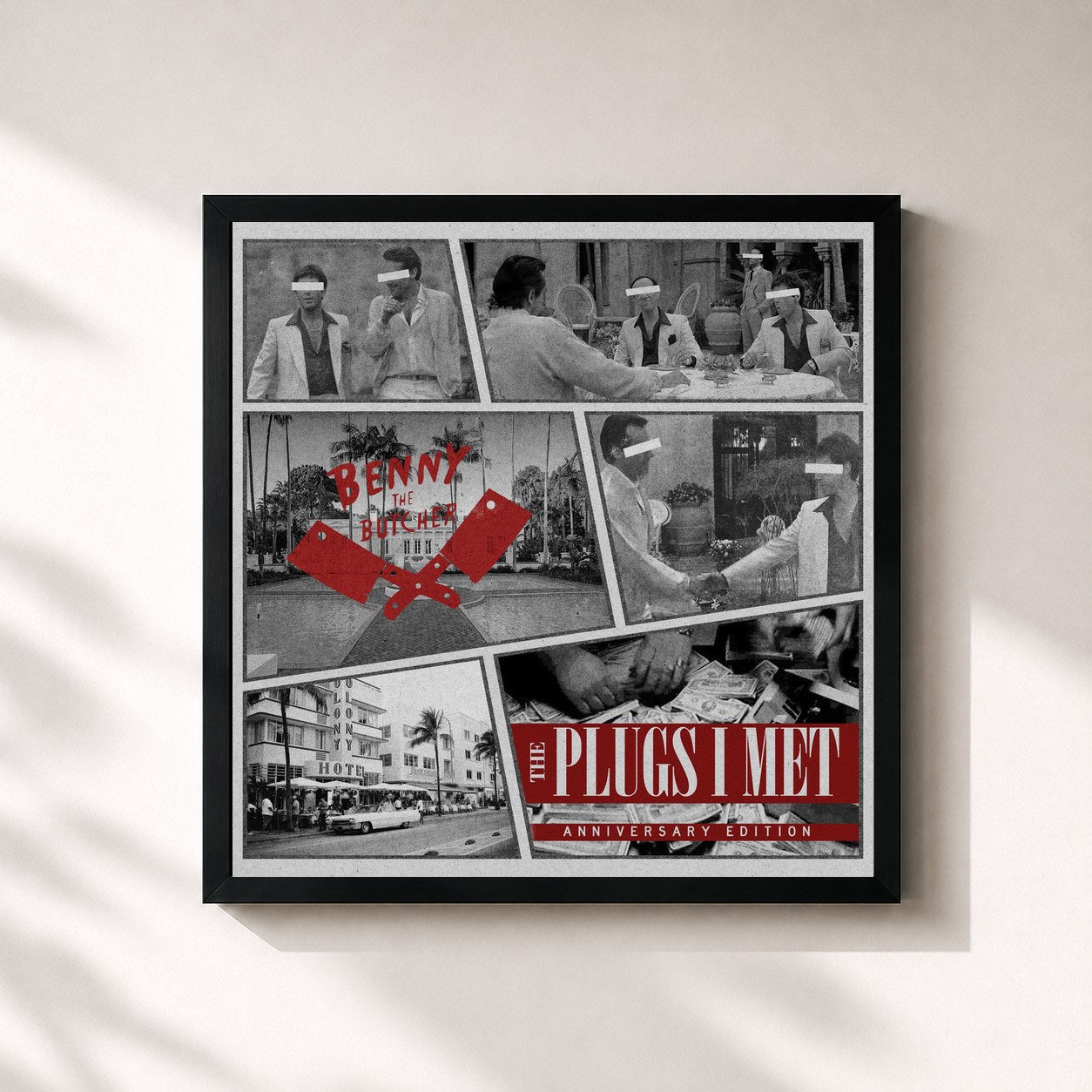 #noir Tableau carré de l'album The Plugs I Met: Anniversary Edition de Benny The Butcher, cadre noir 32x32 cm