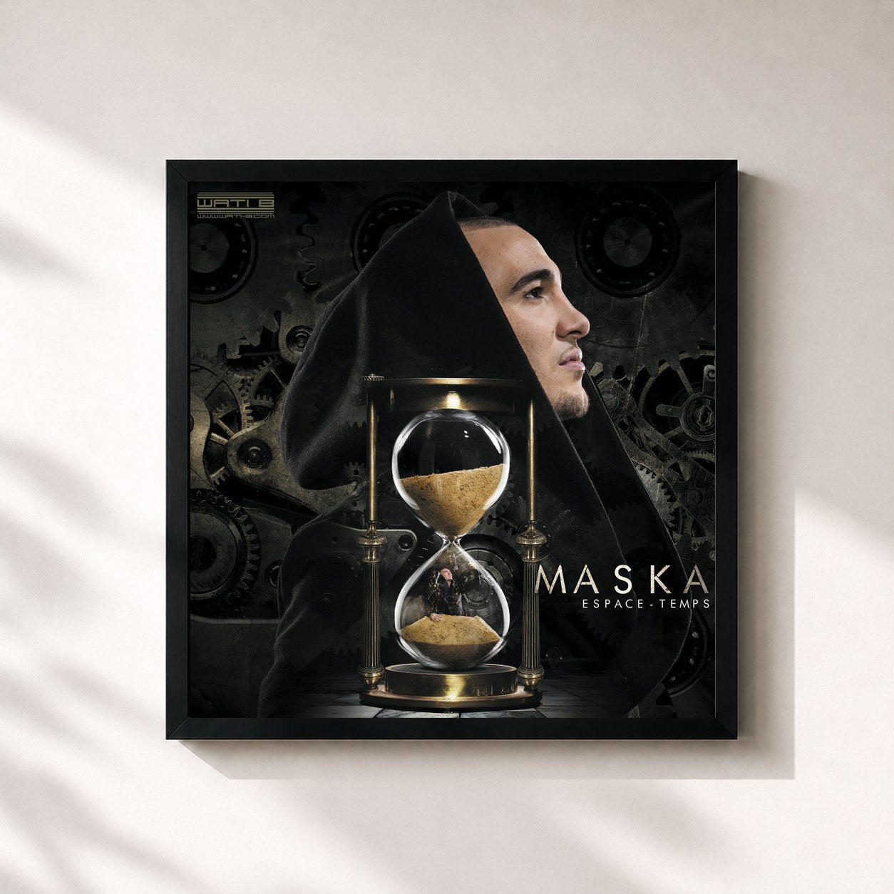 #noir Tableau carré de l'album Espace-temps de Maska, cadre noir 32x32 cm