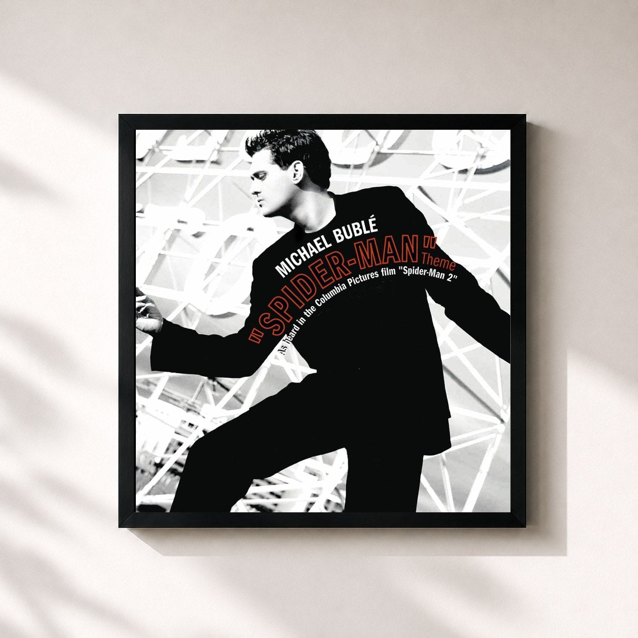 #noir Tableau carré de l'album Spider-Man Theme / Sway Remixes de Michael Bublé, cadre noir 32x32 cm