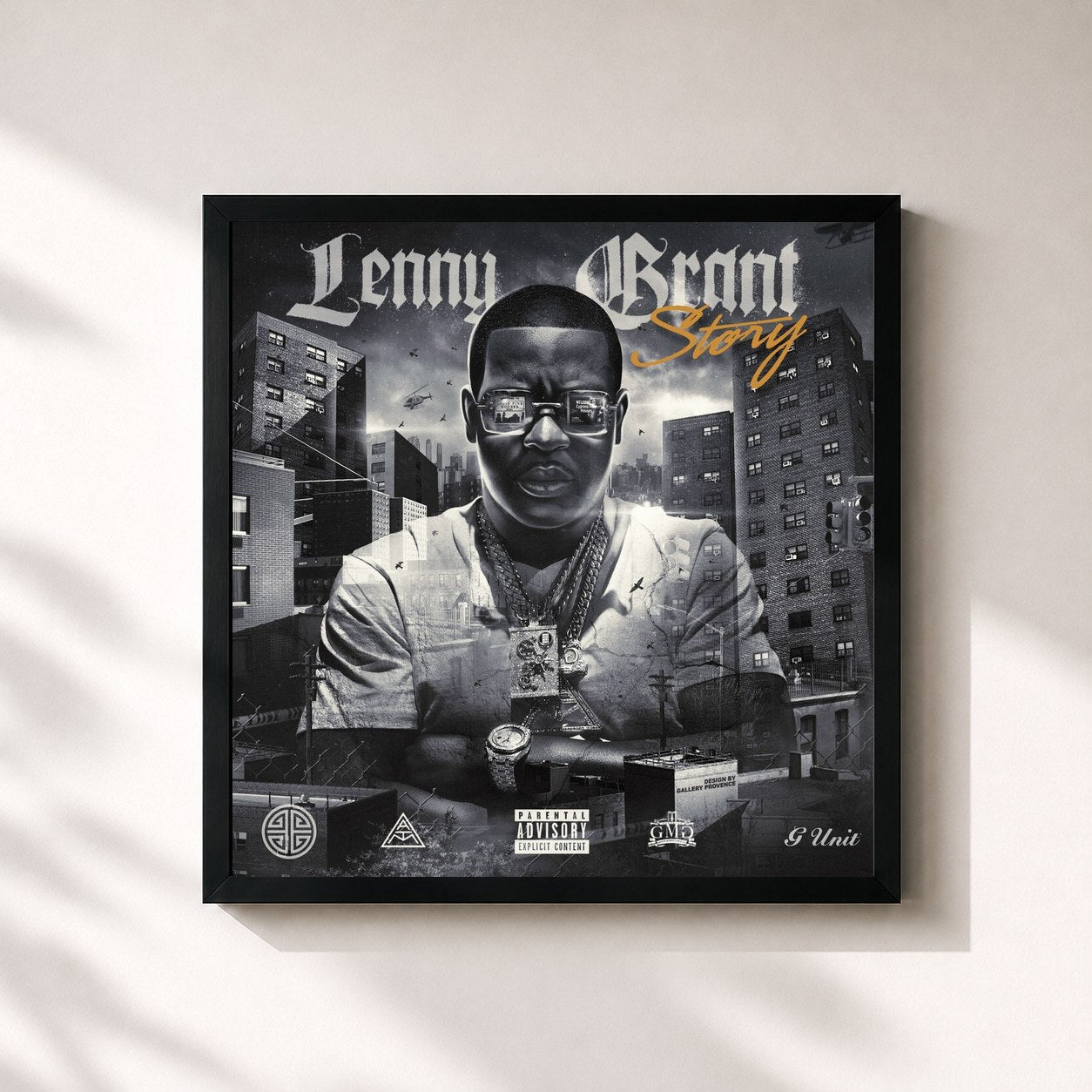 #noir Tableau carré de l'album Lenny Grant Story de Uncle Murda, cadre noir 32x32 cm