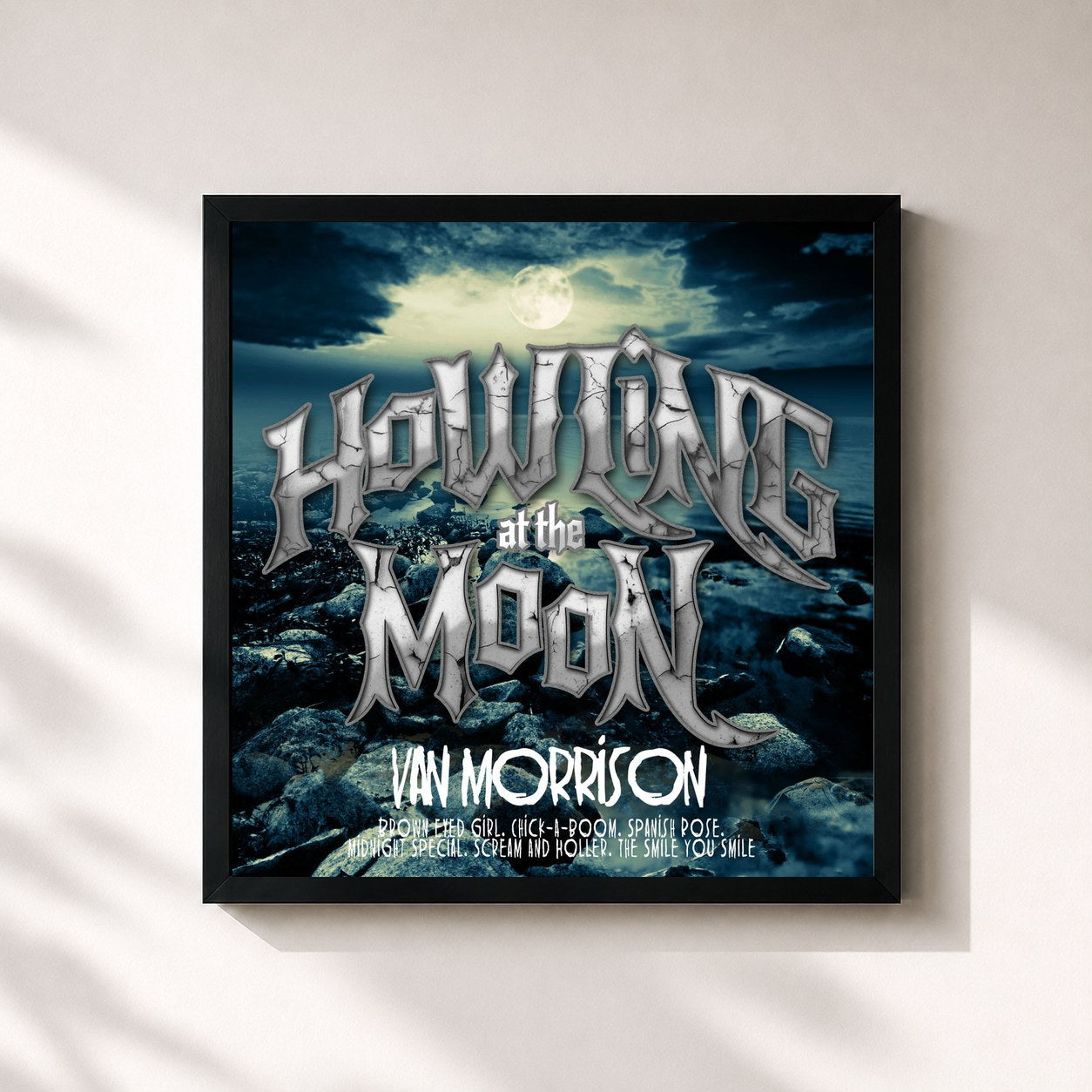 #noir Tableau carré de l'album Howling at the Moon de Van Morrison, cadre noir 32x32 cm