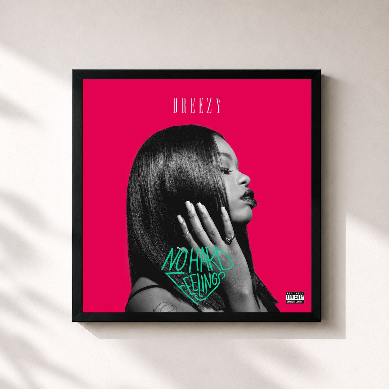 #noir Tableau carré de l'album No Hard Feelings de Dreezy, cadre noir 32x32 cm