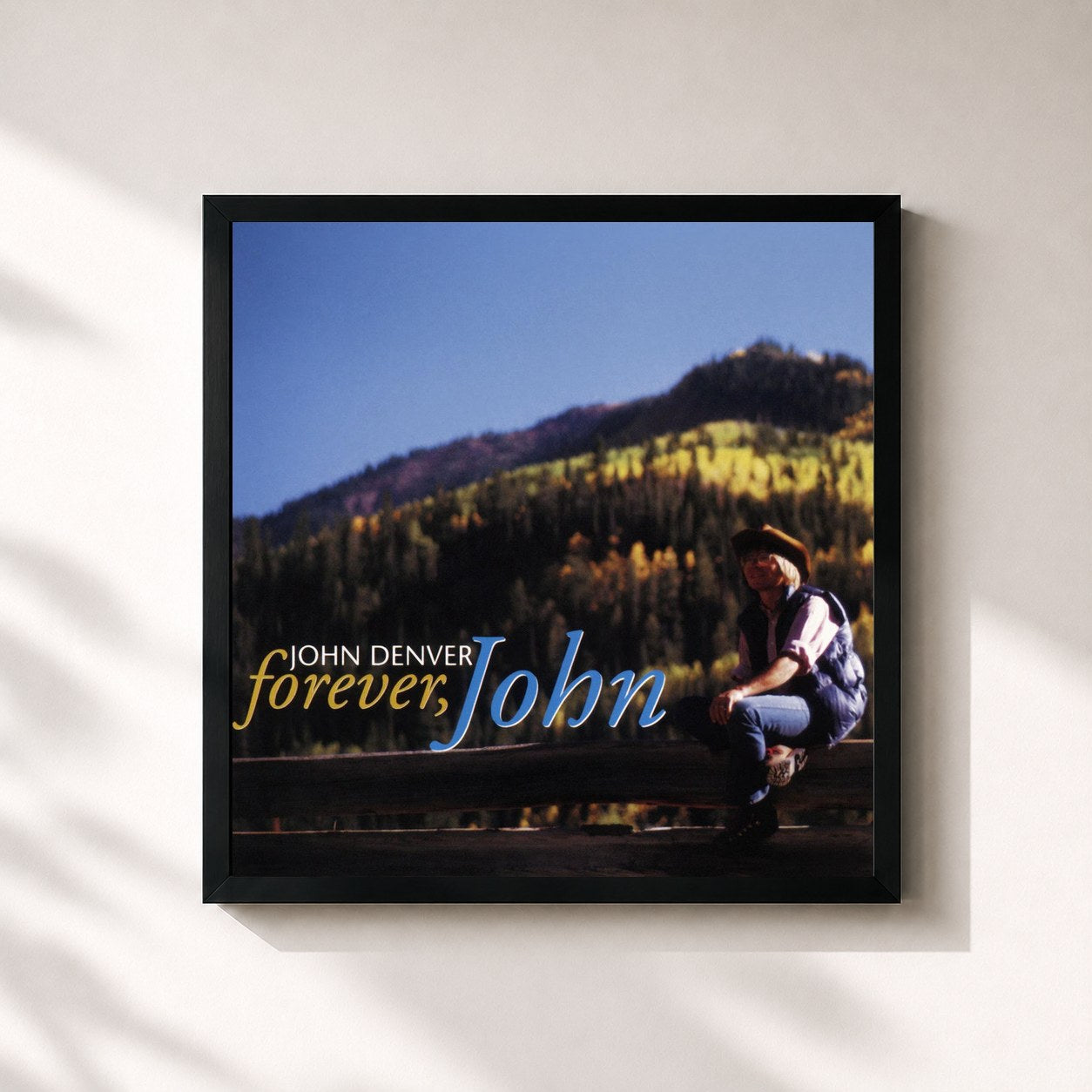 #noir Tableau carré de l'album Forever, John de John Denver, cadre noir 32x32 cm