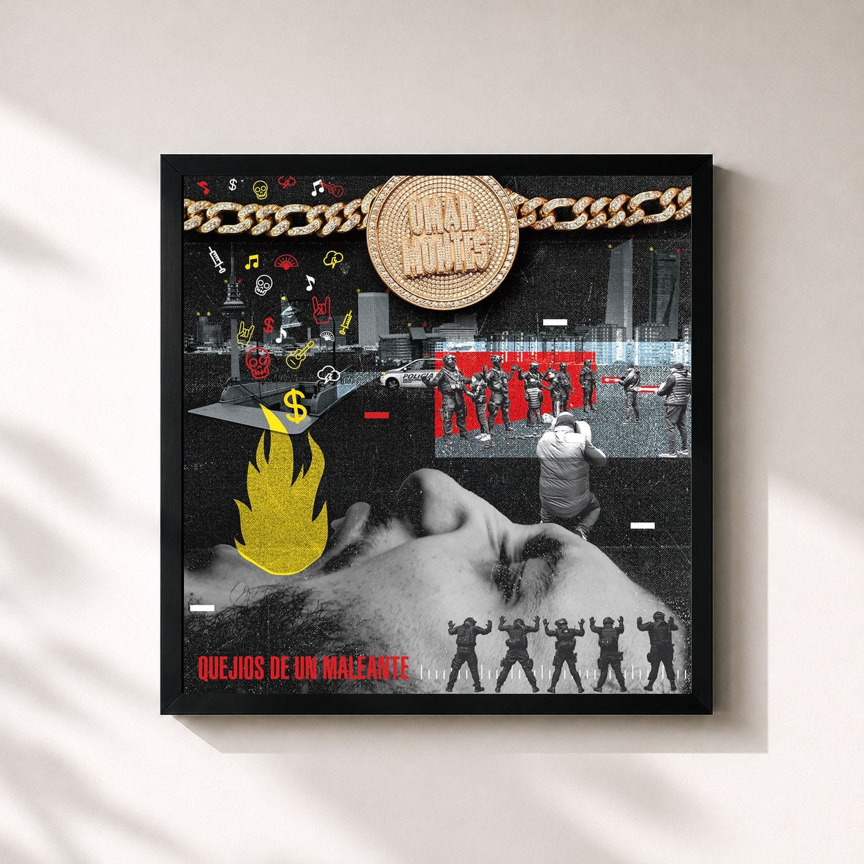#noir Tableau carré de l'album Quejíos de un Maleante de Omar Montes, cadre noir 32x32 cm